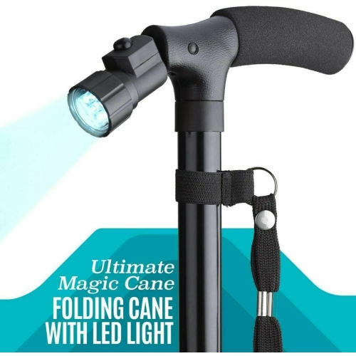 Walking Stick Cane Folding With Light LED Strap Handle Black Metal Adjustable CA