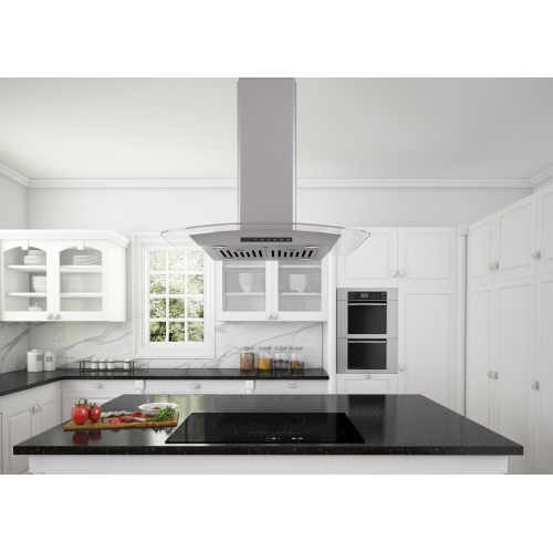 Ancona Noturna IG 30" Island Glass Canopy Range Hood with Night Light Feature in Stainless Steel