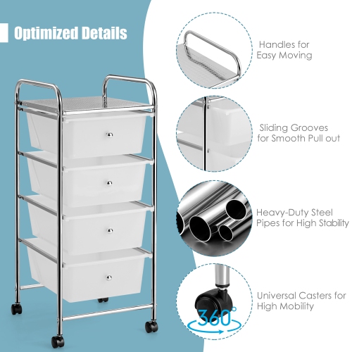 Costway 4-Drawer Cart Storage Bin Organizer Rolling w/Plastic Drawers