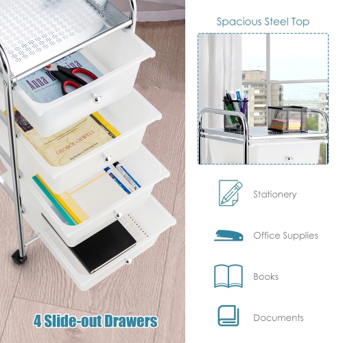 Costway 4-Drawer Cart Storage Bin Organizer Rolling w/Plastic Drawers