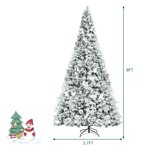 Costway 8ft Snow Flocked Hinged Christmas Tree w/ Berries & Poinsettia Flowers