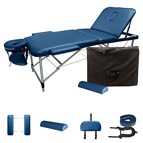 Blue 3-Section Aluminum 84" L Portable Massage Table Facial SPA Bed Tattoo w/Bolster Pillow