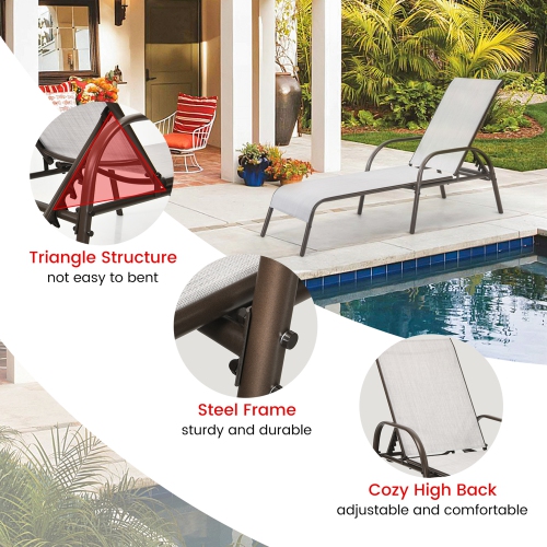 Gymax Adjustable Chaise Lounge Chair Recliner Patio Yard Outdoor w/ Armrest Grey