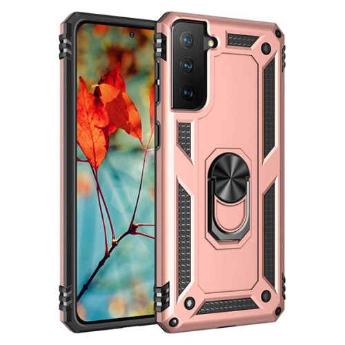 【CSmart】 Anti-Drop Hybrid Magnetic Hard Armor Case with Ring Holder for Samsung Galaxy S21 FE 5G, Rose Gold