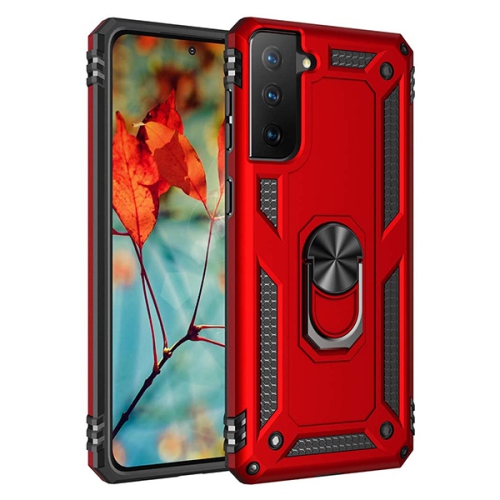 【CSmart】 Anti-Drop Hybrid Magnetic Hard Armor Case with Ring Holder for Samsung Galaxy S21 FE 5G, Red