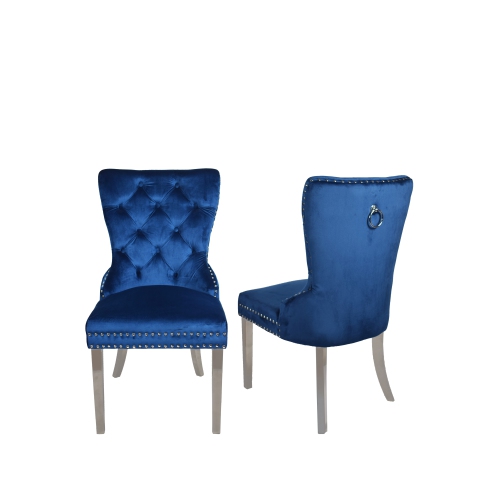 QUEENSONS Blue Velvet Munich Dining Chair (Set Of 2) With Chrome Legs