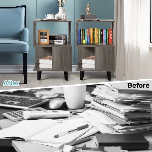 Gymax 2 PCS Nightstand Set Modern Side End Table Storage Shelf Grey