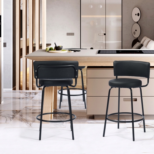 FurnitureR 2Pcs/Set Counter Height Stools Low Back Stools Soft Faux Leather Round Seat for Home Bar,Kitchen,Black
