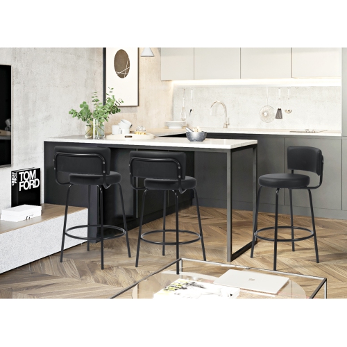 FurnitureR 2Pcs/Set Counter Height Stools Low Back Stools Soft Faux Leather Round Seat for Home Bar,Kitchen,Black