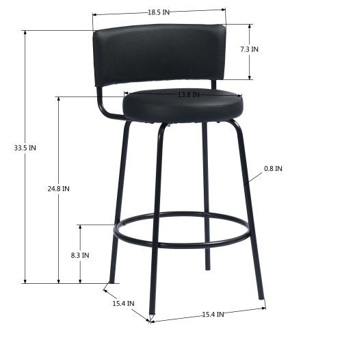 FurnitureR 2Pcs/Set Counter Height Stools Low Back Stools Soft Faux Leather Round Seat for Home Bar,Kitchen,Black