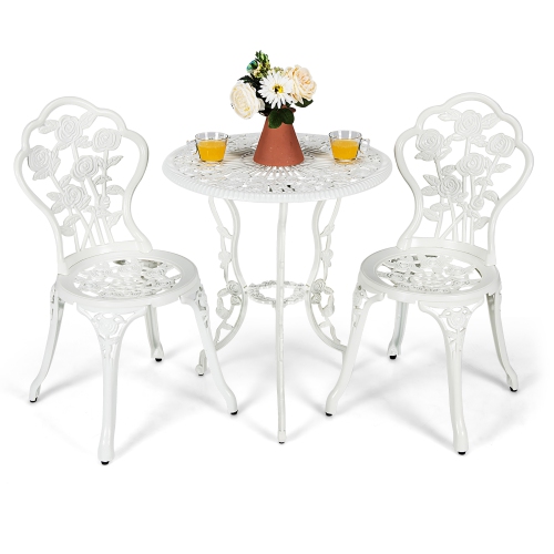 Costway 3PCS Cast Aluminum Patio Bistro Furniture Set Rose Design Outdoor White