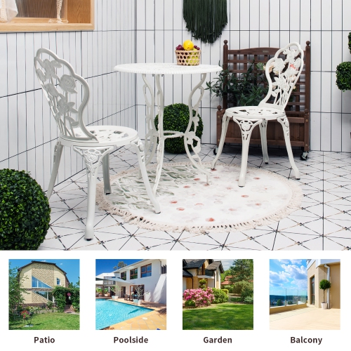 Costway 3PCS Cast Aluminum Patio Bistro Furniture Set Rose Design Outdoor White
