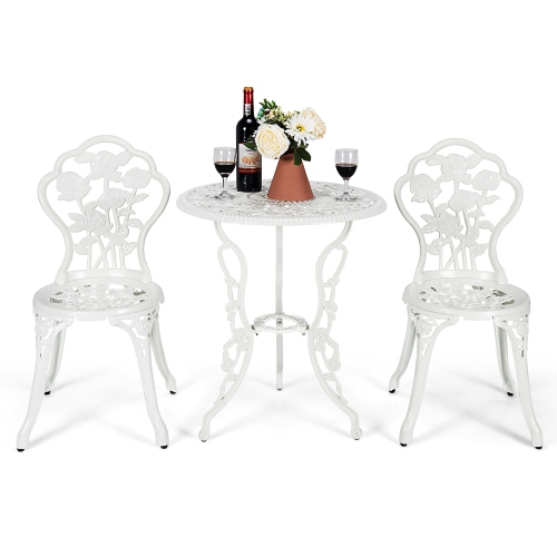 Costway 3PCS Cast Aluminum Patio Bistro Furniture Set Rose Design Outdoor White