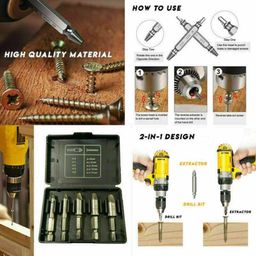 5pcs Damaged Screw Extractor Remover Set Drill Bits Out Broken Screws Bolt Kit