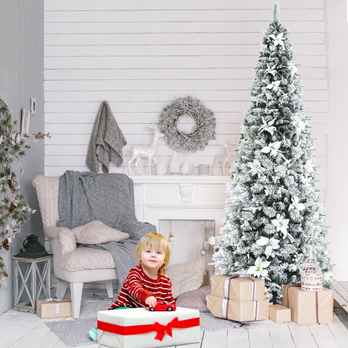 Costway 8ft Snow Flocked Christmas Pencil Tree w/ Berries & Poinsettia Flowers