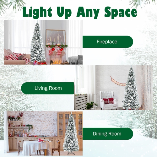 Costway 8ft Snow Flocked Christmas Pencil Tree w/ Berries & Poinsettia Flowers