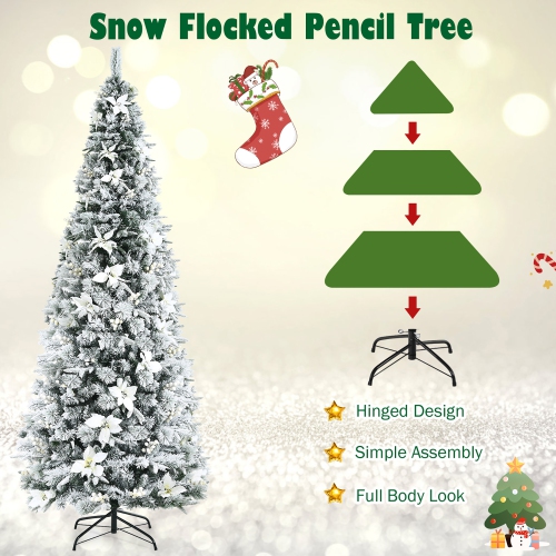 Costway 8ft Snow Flocked Christmas Pencil Tree w/ Berries & Poinsettia Flowers