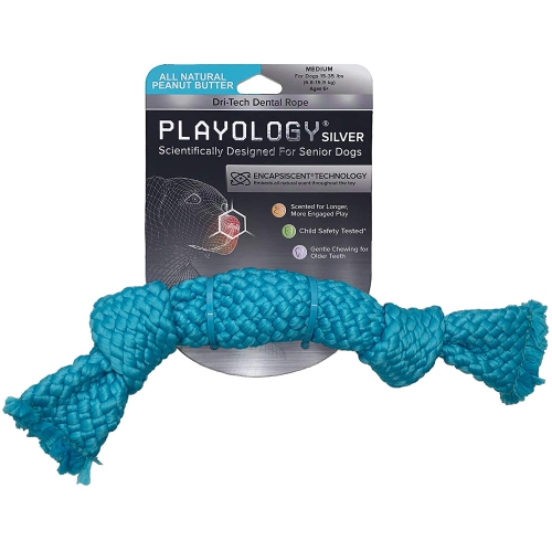 Playology Silver - Dental Rope Dog Toy - Designed for Senior Dogs - Medium - Engaging All-Natural Peanut Butter Scent