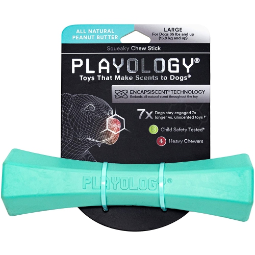 PLAYOLOGY - Squeaky Chew Stick Dog Toy - Large - Engaging All-Natural Peanut Butter Scent