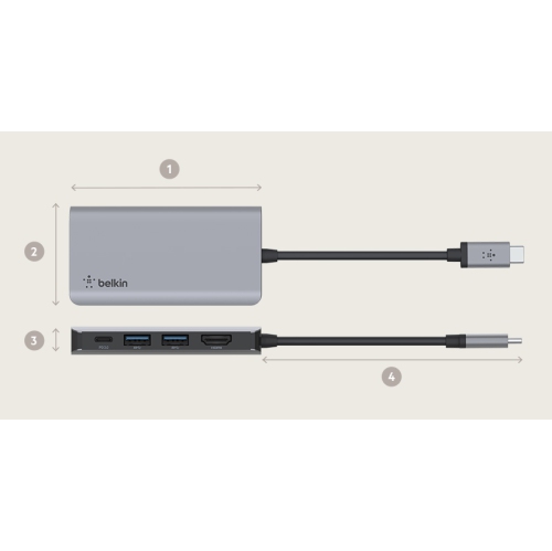 Belkin Connect USB-C Male to 4-in-1 Multiport Adapter Female Cable - Gray