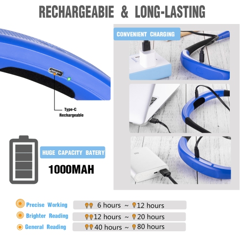 Glocusent LED Neck Reading Light, Book Light, Rechargeable, Long Lasting（GLCSNTBL002）-Blue