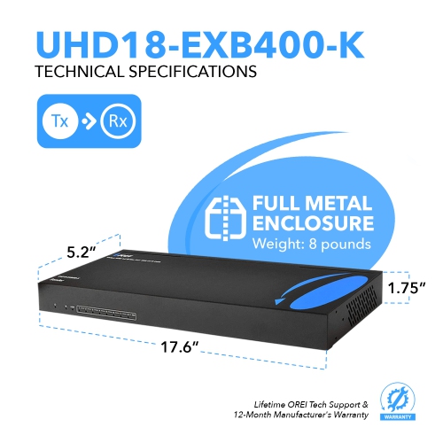 1x8 HDMI Extender Splitter HDBaseT 4K by OREI Multiple Over Single Cable CAT6/7 4K@60Hz 4:4:4 HDCP 2.2 with IR Remote EDID Management, HDR - Up to