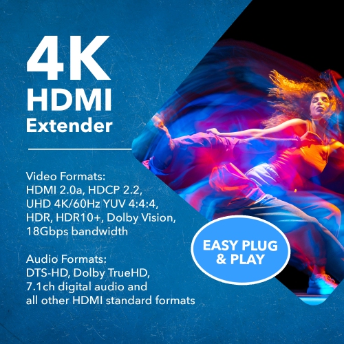 4K HDMI Extender Balun by OREI - UltraHD 4K @ 60Hz 4:4:4 Over Single CAT6/7 Cable with HDR, & IR Control, RS-232 - Up to 230 Ft with CAT6- Loop Out -