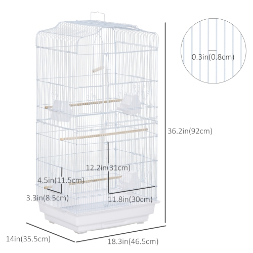 PawHut 36" Bird Cage for Finches, Canaries Budgies, Parrot Cage with Accessories, Handle, White