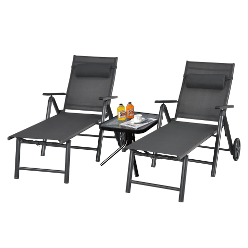 Costway 2PCS Patio Lounge Chair W/ Wheels Neck Pillow Aluminum Frame Adjustable