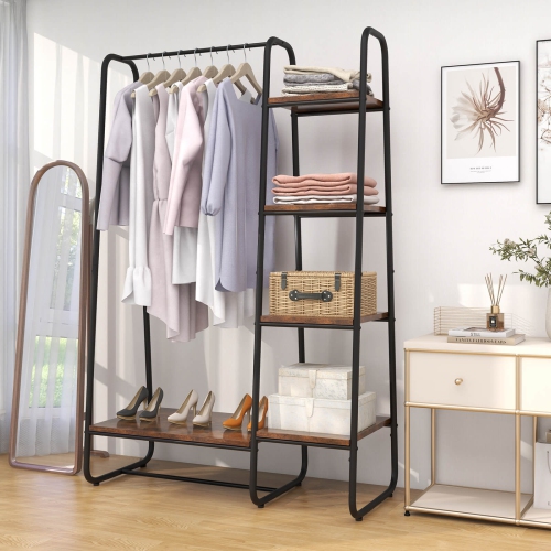 Meuble de rangement portatif pour garde-robe avec étagère à vêtements à 5 tablettes en bois et tringle de Costway