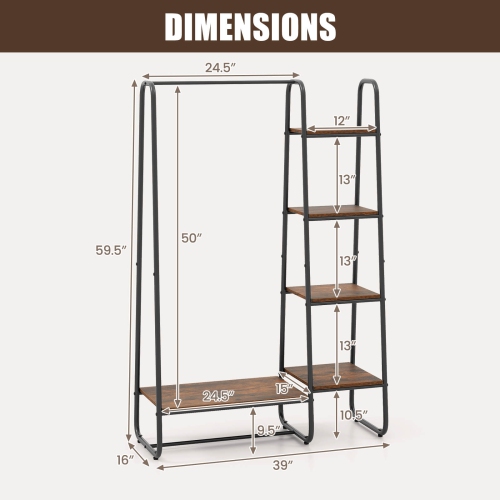 Meuble de rangement portatif pour garde-robe avec étagère à vêtements à 5 tablettes en bois et tringle de Costway