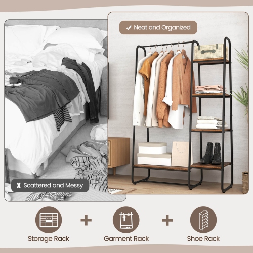 Meuble de rangement portatif pour garde-robe avec étagère à vêtements à 5 tablettes en bois et tringle de Costway