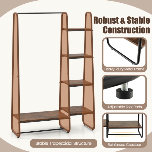 Meuble de rangement portatif pour garde-robe avec étagère à vêtements à 5 tablettes en bois et tringle de Costway