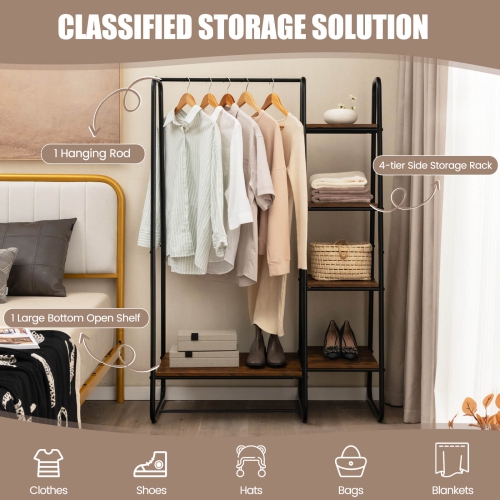 Meuble de rangement portatif pour garde-robe avec étagère à vêtements à 5 tablettes en bois et tringle de Costway