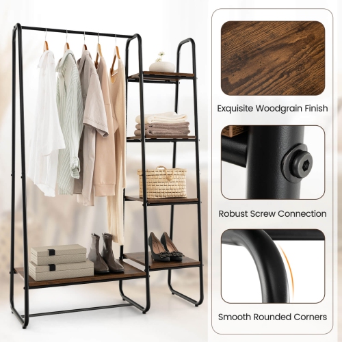 Meuble de rangement portatif pour garde-robe avec étagère à vêtements à 5 tablettes en bois et tringle de Costway