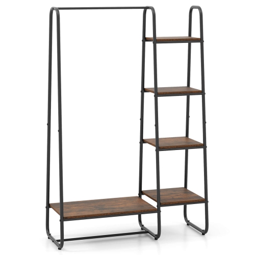 Meuble de rangement portatif pour garde-robe avec étagère à vêtements à 5 tablettes en bois et tringle de Costway