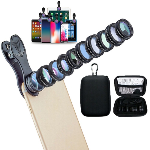 Image 1 of 10.. ISTAR Phone Camera Lens 10 in 1 Phone Lens Kit, Lens/Wide Angle Lens & Macro Lens/Zoom Lens+CPL/Flow/Radial/Star/Soft Filter
