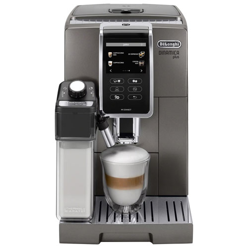 Machine à espresso automatique Dinamica Plus de De'Longhi avec mousseur et moulin à café - Titane
