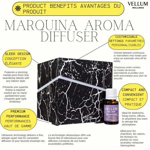 Vellum Wellness Marquina Aroma Diffuser for diffusing essential oils in the bedroom, kitchen, bathroom, living spaces