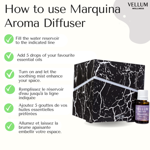Vellum Wellness Marquina Aroma Diffuser for diffusing essential oils in the bedroom, kitchen, bathroom, living spaces