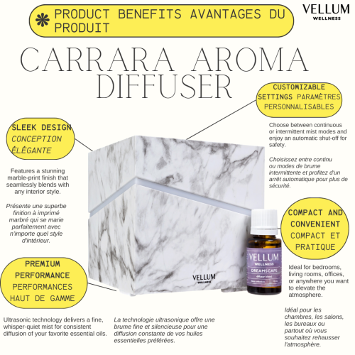 Vellum Wellness Carrara Aroma Diffuser for diffusing essential oils in the bedroom, kitchen, bathroom, living space at home