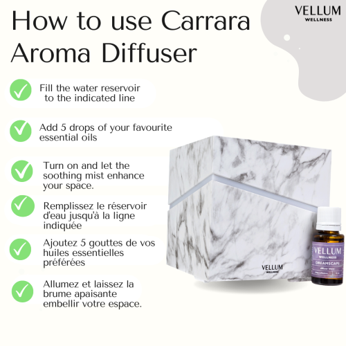 Vellum Wellness Carrara Aroma Diffuser for diffusing essential oils in the bedroom, kitchen, bathroom, living space at home