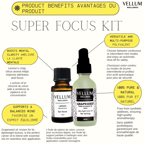 Vellum Wellness Essential Oil Super Focus Kit for concentration, clarity and energy. Also fades blemishes and helps tone skin