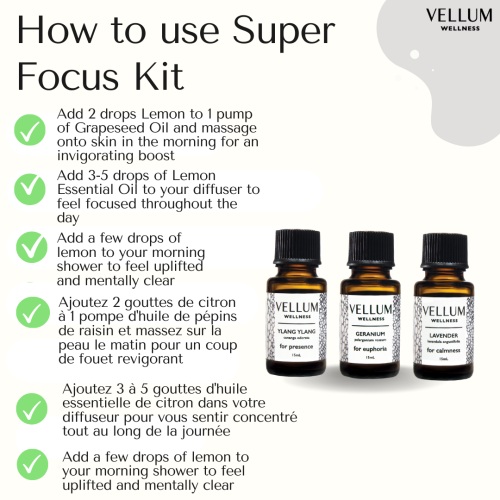 Vellum Wellness Essential Oil Super Focus Kit for concentration, clarity and energy. Also fades blemishes and helps tone skin