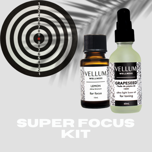 Vellum Wellness Essential Oil Super Focus Kit for concentration, clarity and energy. Also fades blemishes and helps tone skin