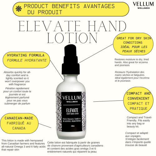 Vellum Wellness Elevate Hemp Hand Lotion 60 ml for dry skin, eczema and on-the-go travel