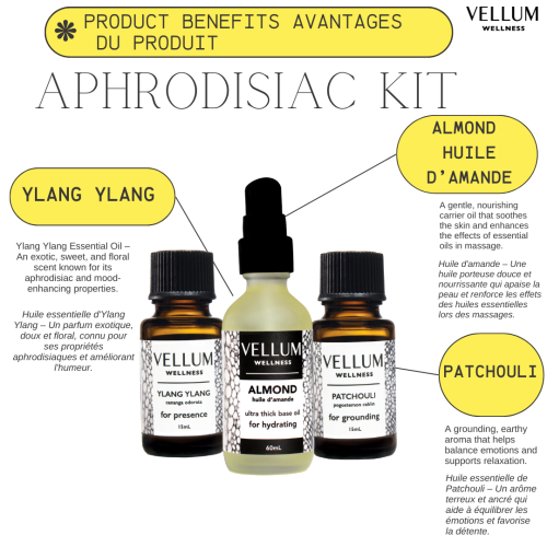 Vellum Wellness Essential Oil Aphrodisiac Kit with natural products Almond, Ylang Ylang and Patchouli for Intimacy, Relaxation & Sensual Wellness