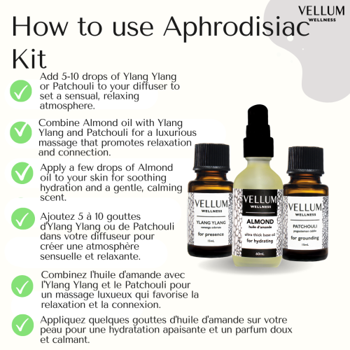 Vellum Wellness Essential Oil Aphrodisiac Kit with natural products Almond, Ylang Ylang and Patchouli for Intimacy, Relaxation & Sensual Wellness
