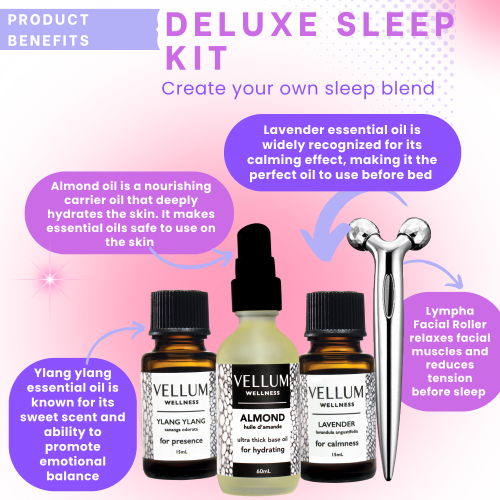 Vellum Wellness Essential Oil Deluxe Sleep Kit for aroma diffuser, sleep, rest and relaxation. Multi-piece set of 15 ml essential oils