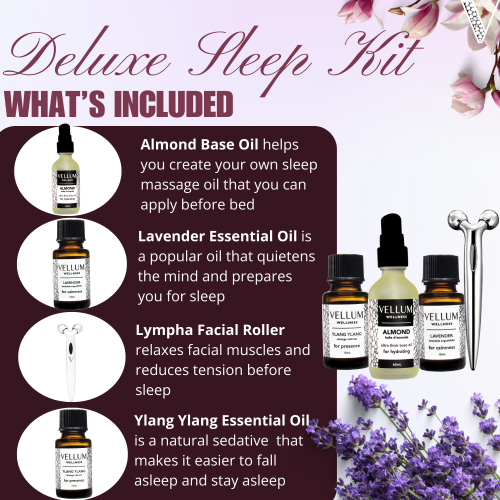 Vellum Wellness Essential Oil Deluxe Sleep Kit for aroma diffuser, sleep, rest and relaxation. Multi-piece set of 15 ml essential oils